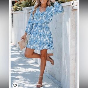 Ornate Print Smocked Mini Dress‎ Split Neck with Self-tie A-line Dress NWT!